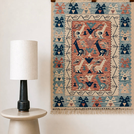 Vintage Handmade Bird Patterned Wool Kayseri Kilim Wall Hanging / Rug